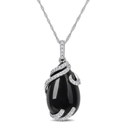 Belk & Co Black Onyx and 1/5 ct. t.w. Diamond Swirl Drop Pendant with Chain in 10K White Gold, 17"