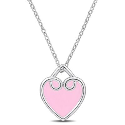 Haylee Jewels Pink Enamel Heart Pendant with Chain in Sterling Silver, 17", White
