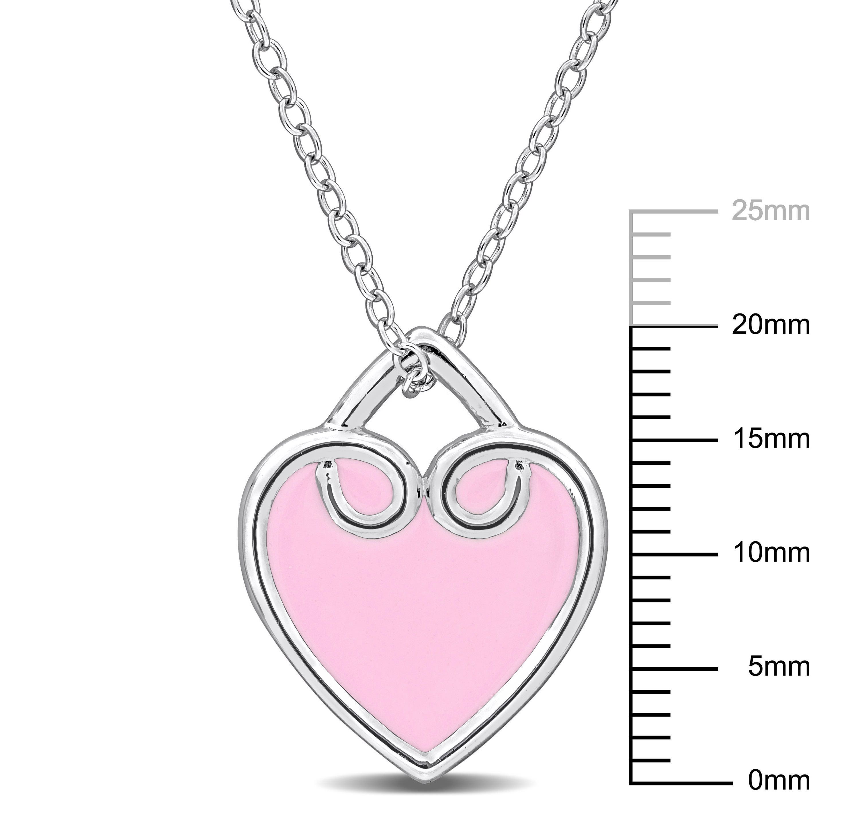 Pink Enamel Heart Pendant with Chain in Sterling Silver, 17"