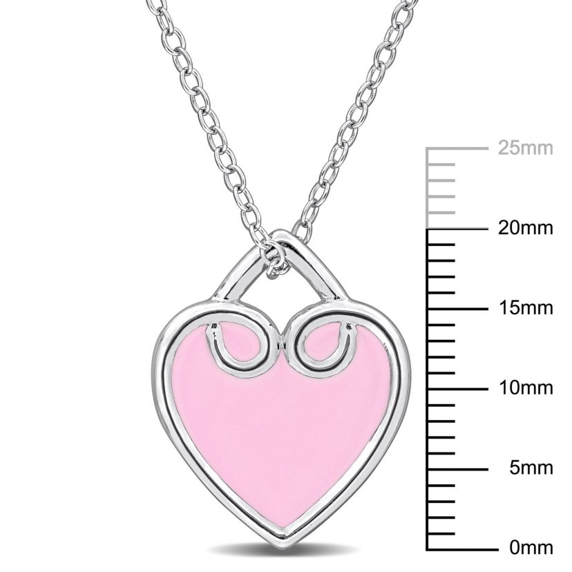 Pink Enamel Heart Pendant with Chain in Sterling Silver, 17"