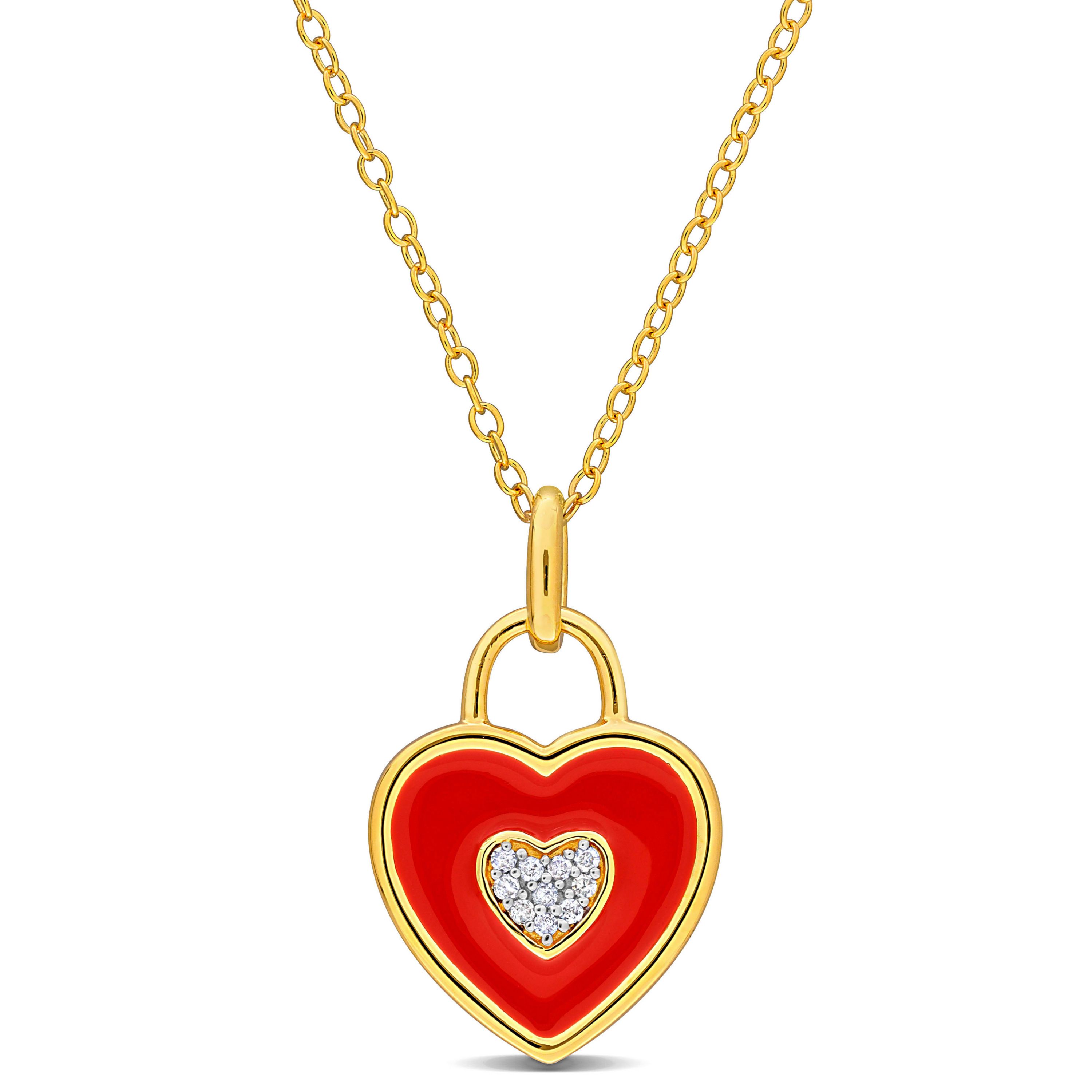 Diamond Accent with Red Enamel Heart Pendant with Chain in Yellow Plated Sterling Silver, 17"