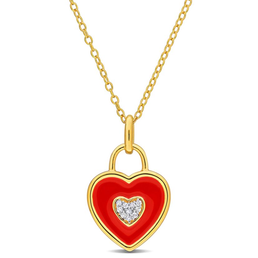 Diamond Accent with Red Enamel Heart Pendant with Chain in Yellow Plated Sterling Silver, 17"