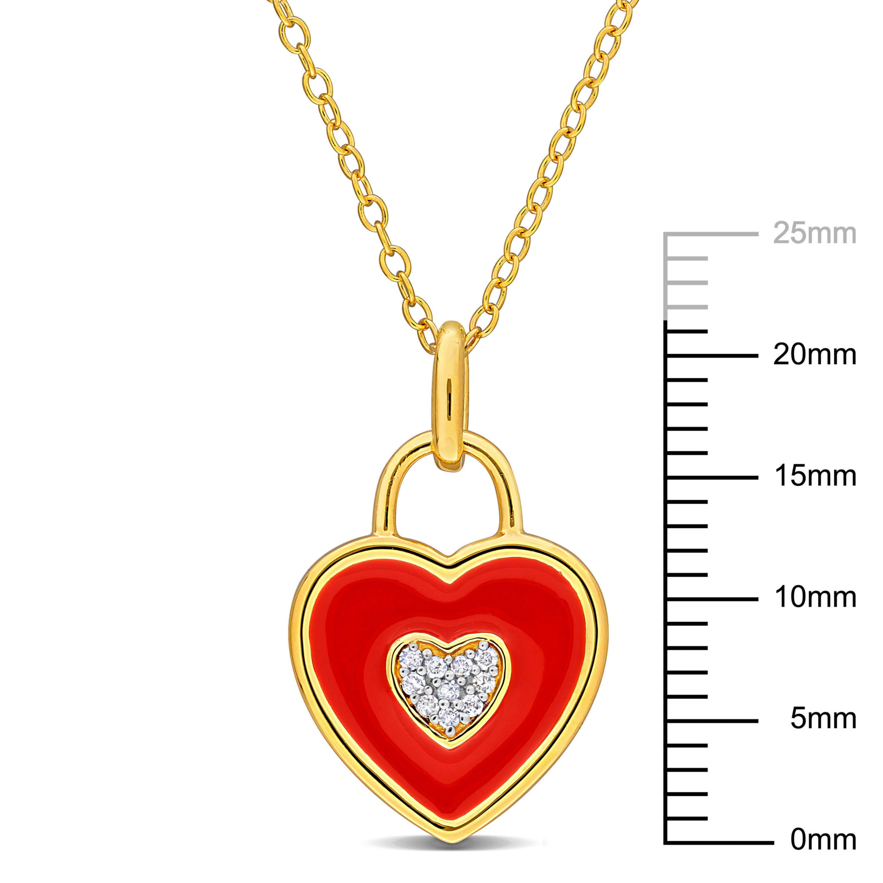 Diamond Accent with Red Enamel Heart Pendant with Chain in Yellow Plated Sterling Silver, 17"