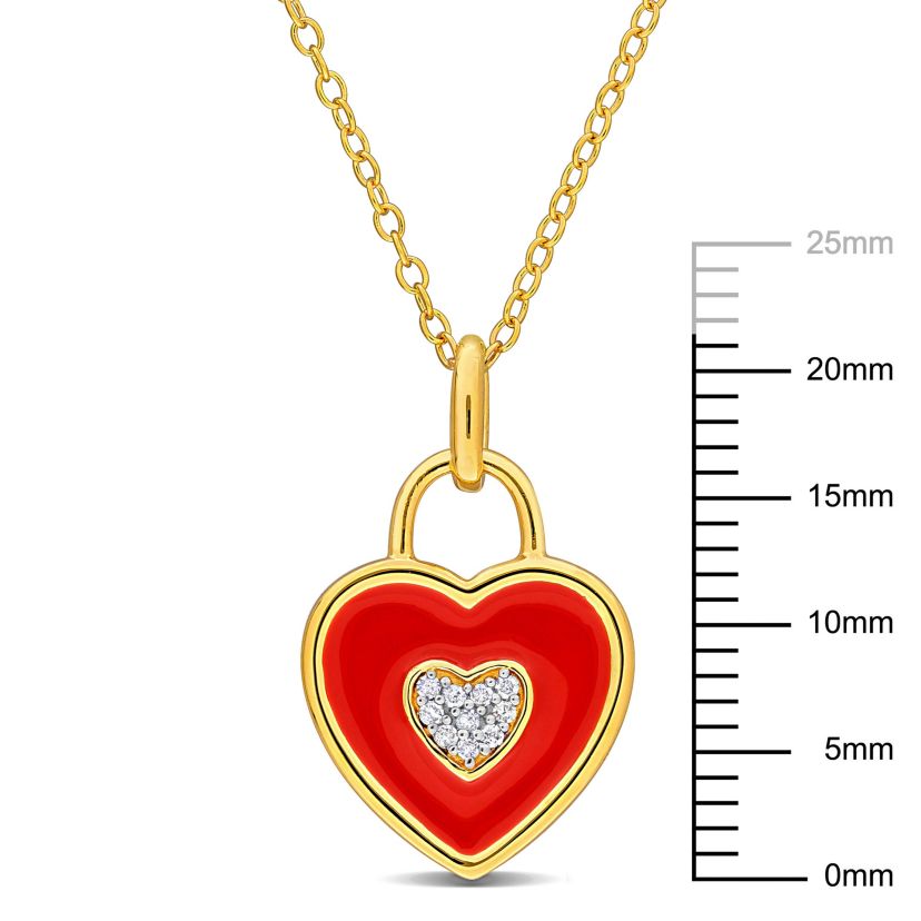 Diamond Accent with Red Enamel Heart Pendant with Chain in Yellow Plated Sterling Silver, 17"