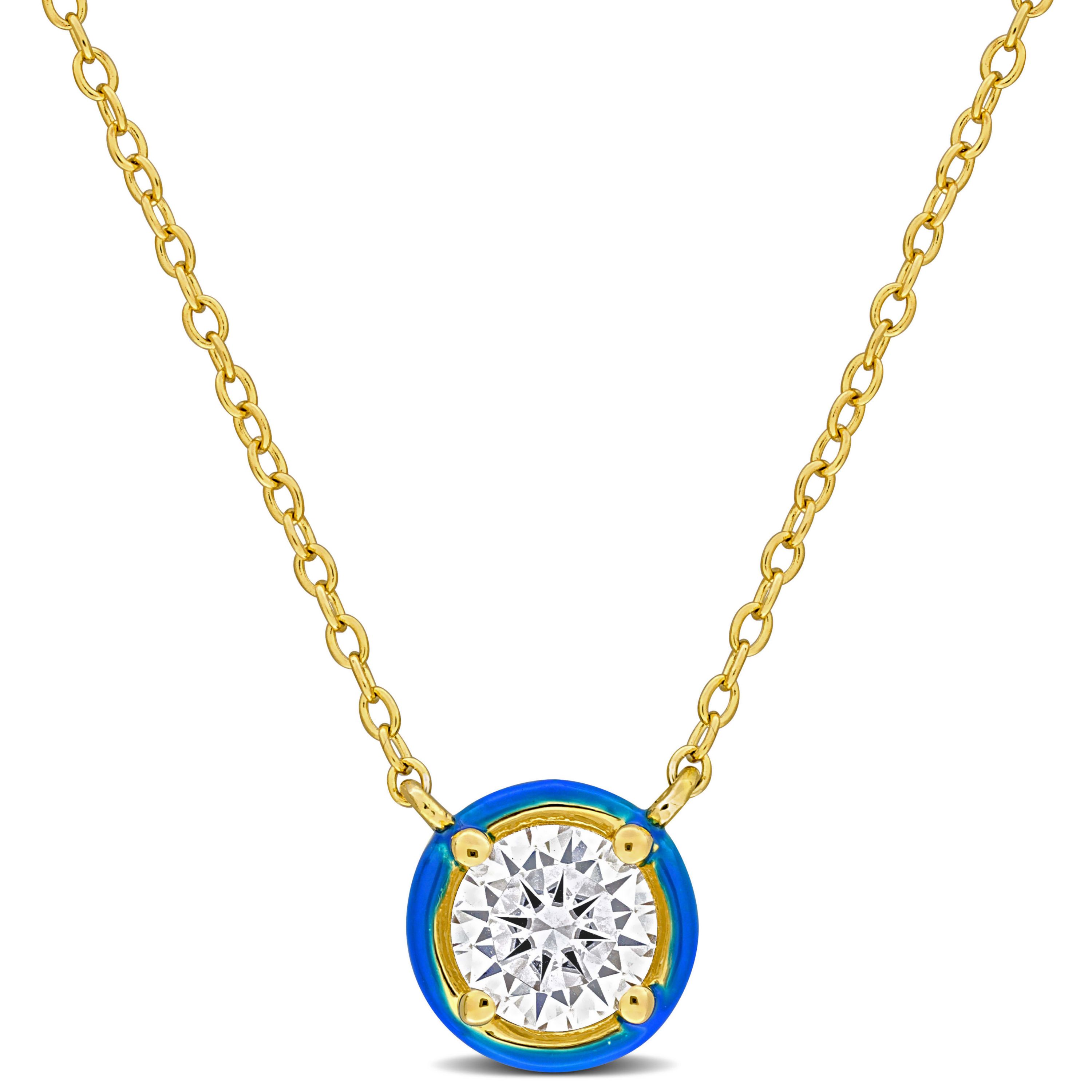 Lab Created Created Moissanite with Blue Enamel Solitaire Halo Necklace in Yellow Plated Sterling Silver, 17"