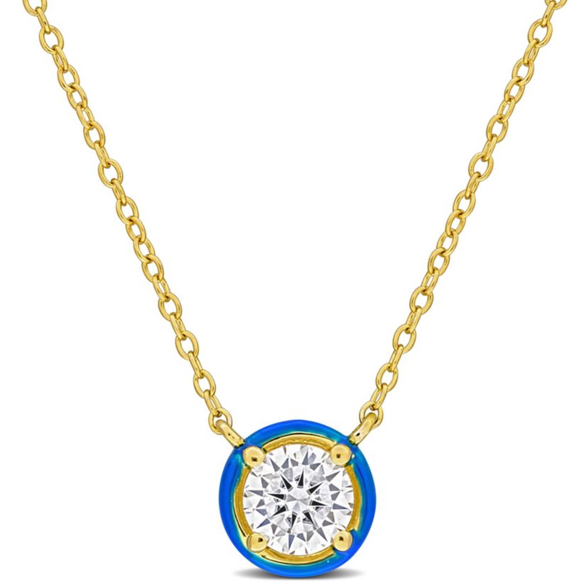 Lab Created Created Moissanite with Blue Enamel Solitaire Halo Necklace in Yellow Plated Sterling Silver, 17"