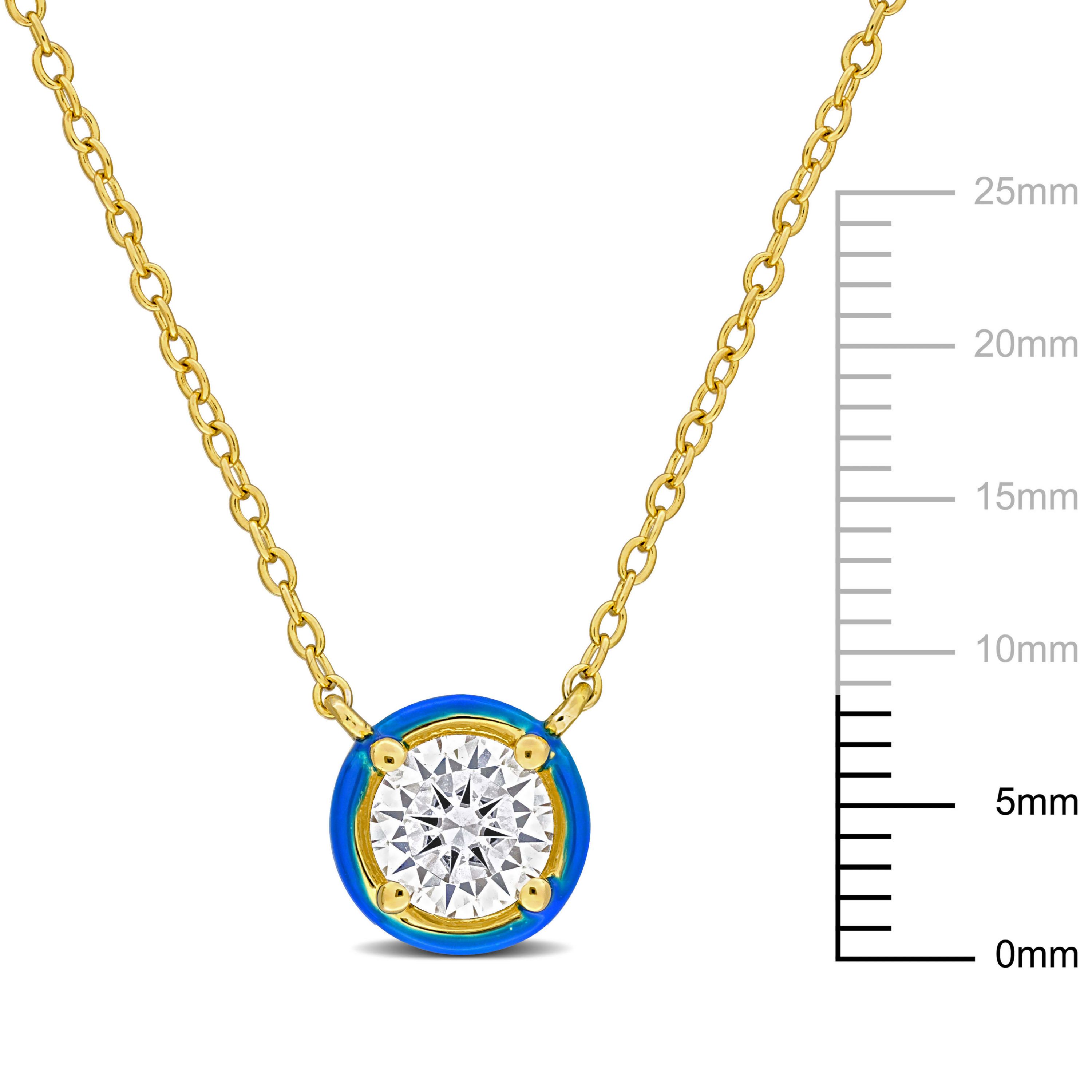 Lab Created Created Moissanite with Blue Enamel Solitaire Halo Necklace in Yellow Plated Sterling Silver, 17"