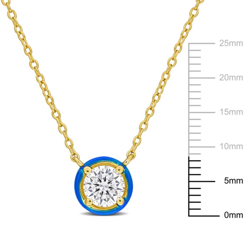Lab Created Created Moissanite with Blue Enamel Solitaire Halo Necklace in Yellow Plated Sterling Silver, 17"