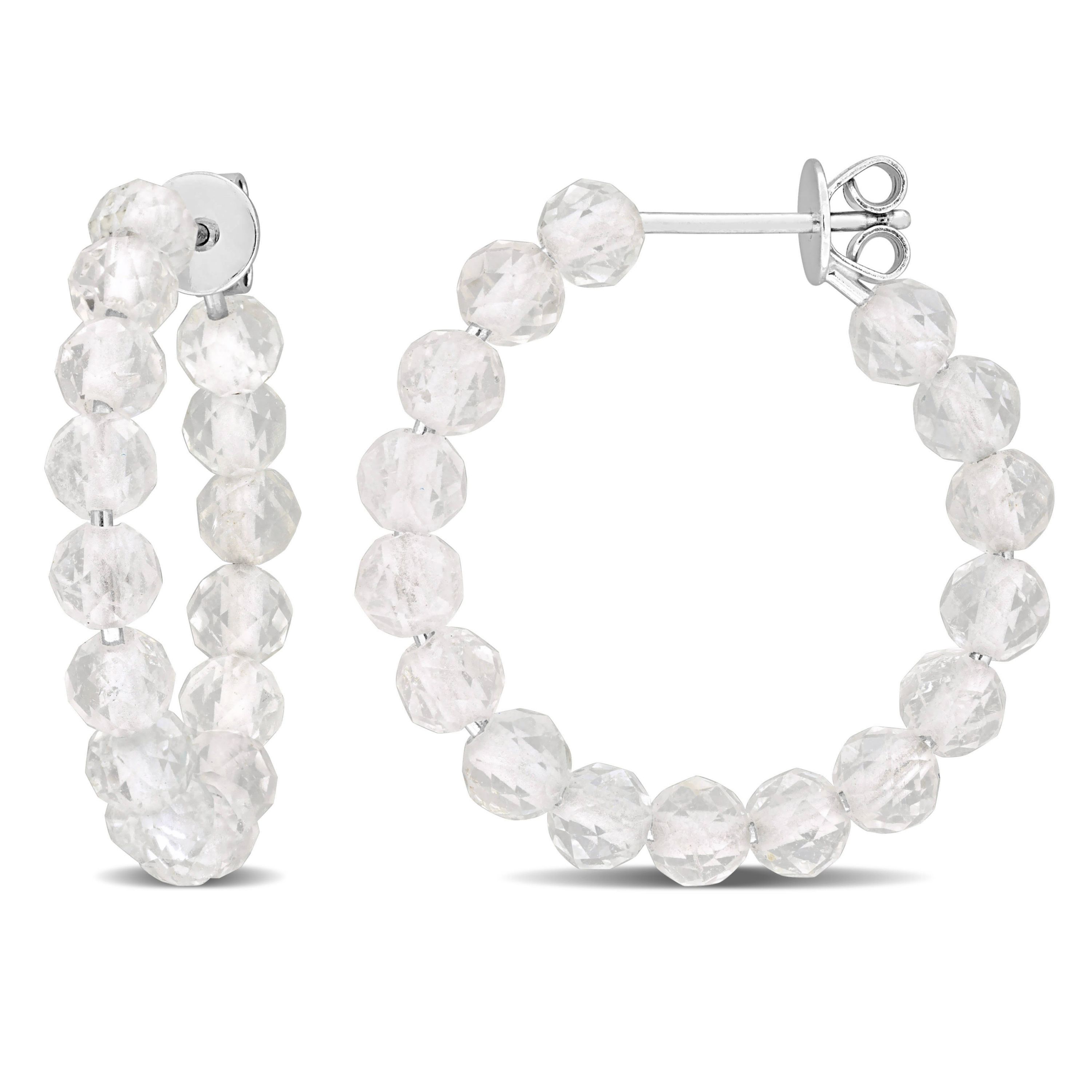 White Topaz Beaded Hoop Earrings in Sterling Silver