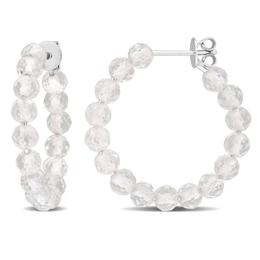 White Topaz Beaded Hoop Earrings in Sterling Silver