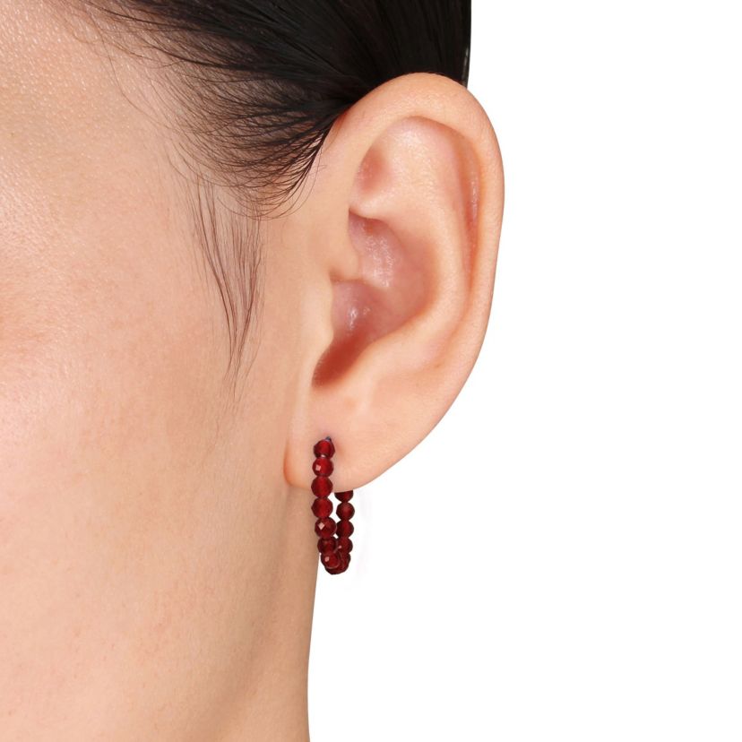 Garnet Beaded Hoop Earrings in Yellow Plated Sterling Silver