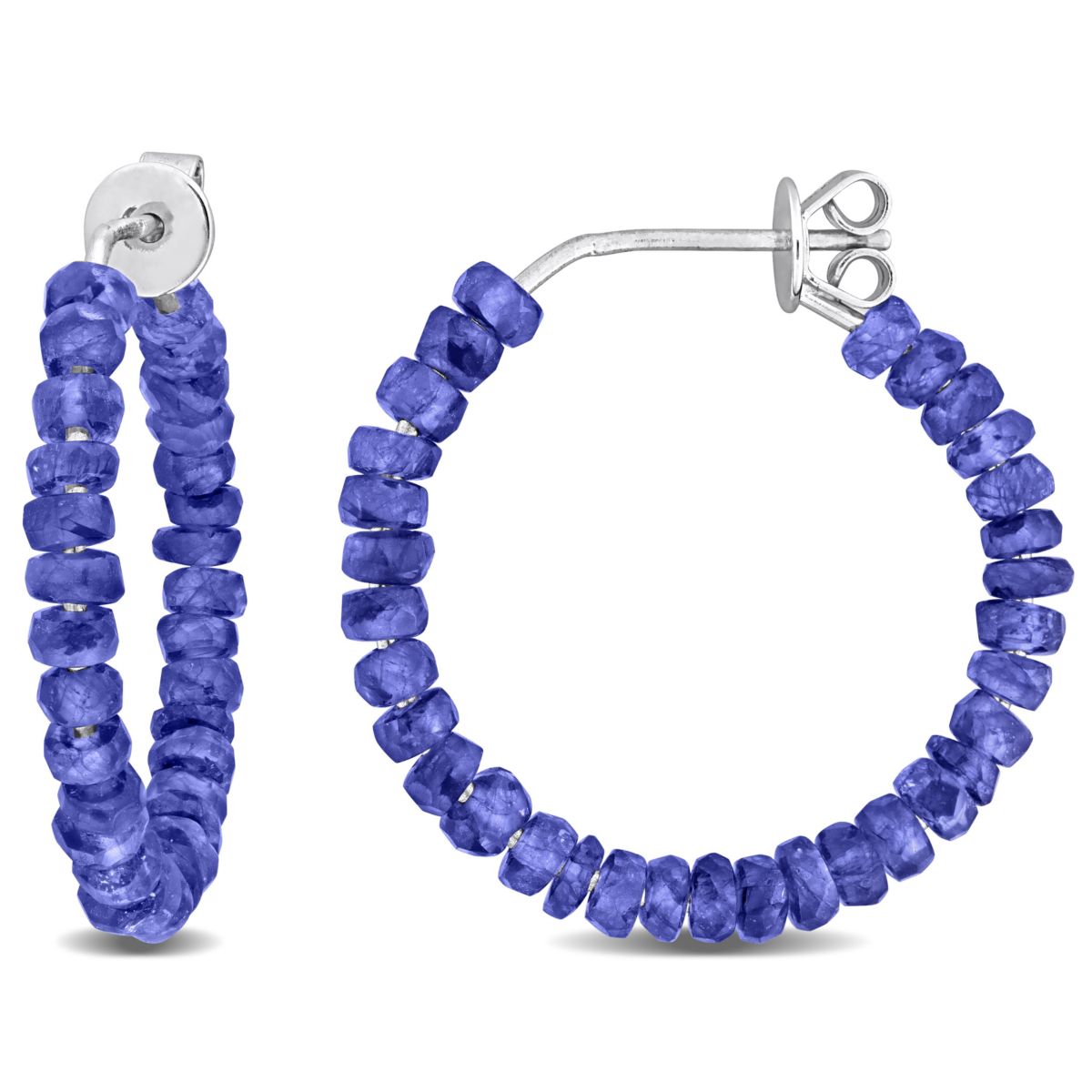 Blue Sapphire Beaded Hoop Earrings in Sterling Silver