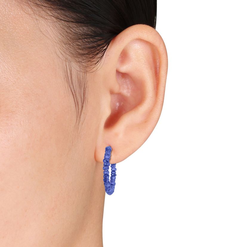 Blue Sapphire Beaded Hoop Earrings in Sterling Silver