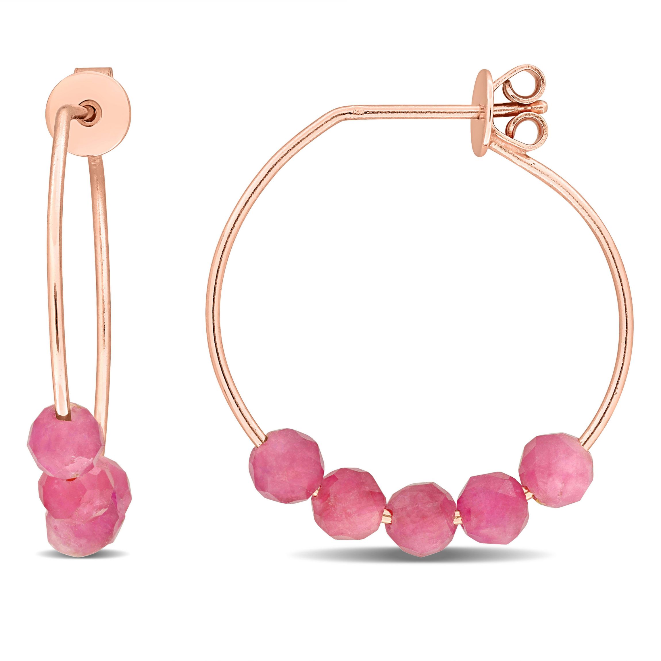 Pink Tourmaline Bead Hoop Earrings in Rose Plated Sterling Silver