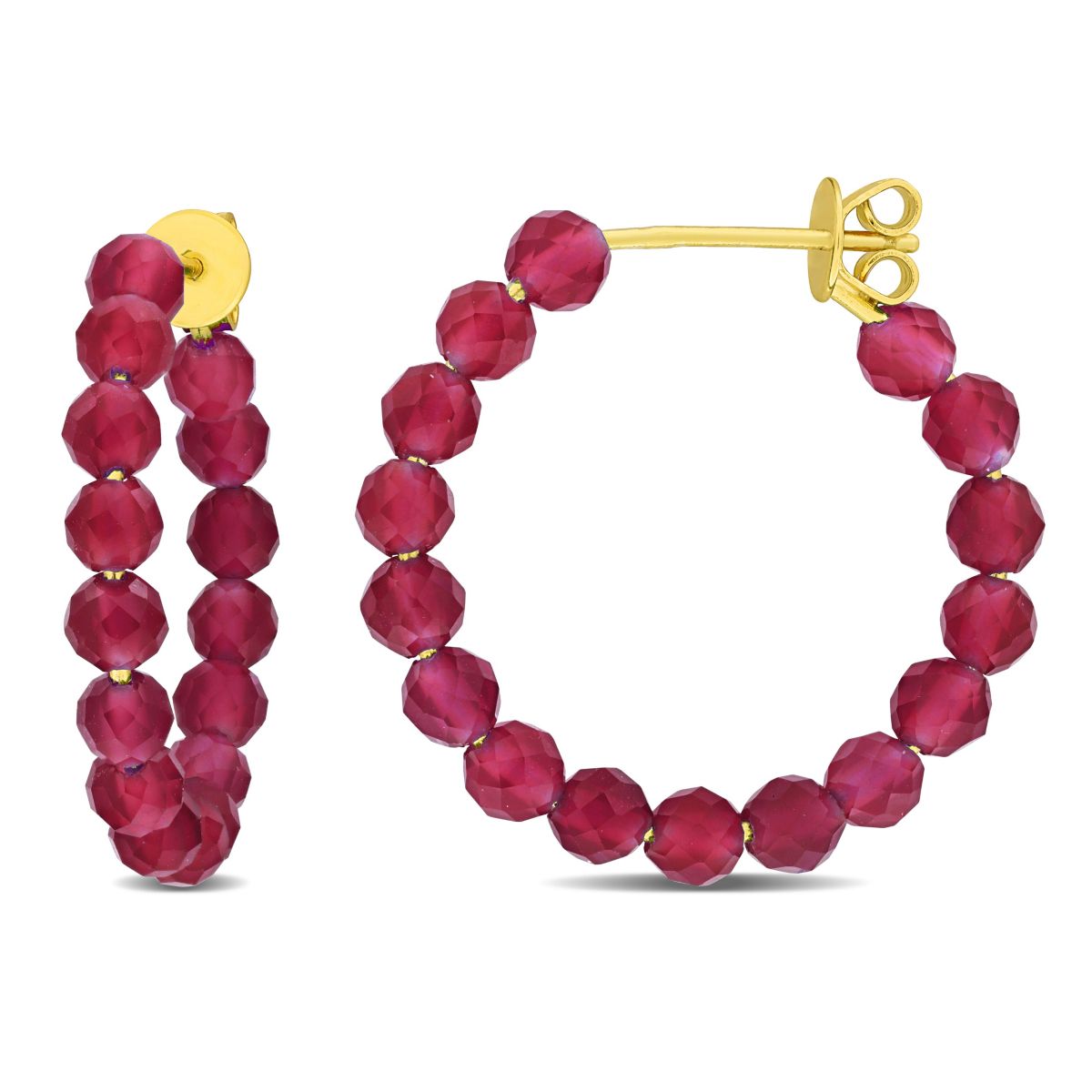 Lab Created Created Ruby Beaded Hoop Earrings in Yellow Plated Sterling Silver