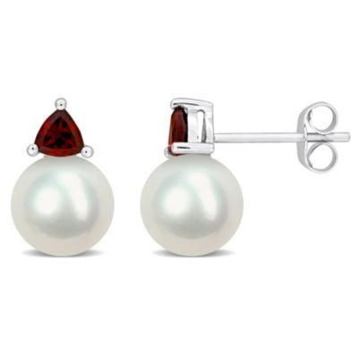 Belk & Co Freshwater Cultured Pearl and Garnet Stud Earrings in 10K White Gold