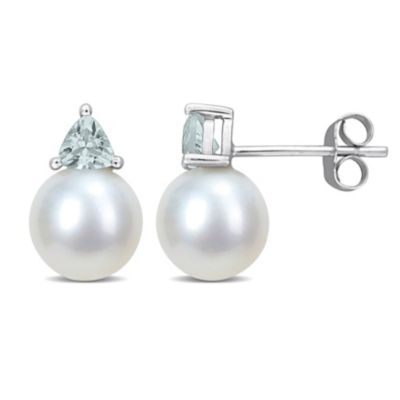 Belk & Co Freshwater Cultured Pearl and Aquamarine Stud Earrings in 10K White Gold