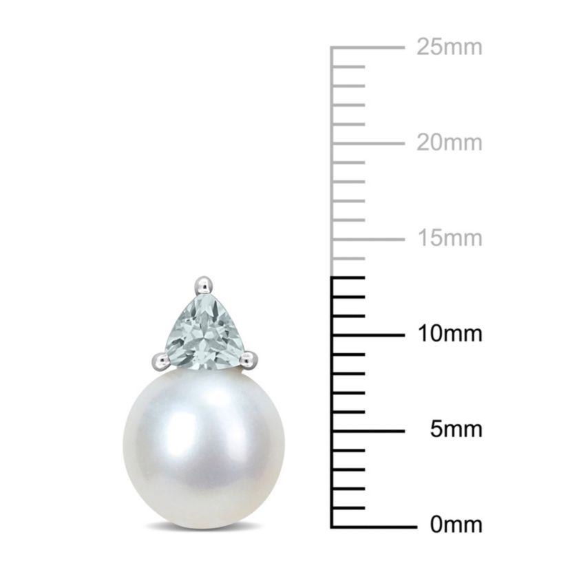 Freshwater Cultured Pearl and Aquamarine Stud Earrings in 10K White Gold