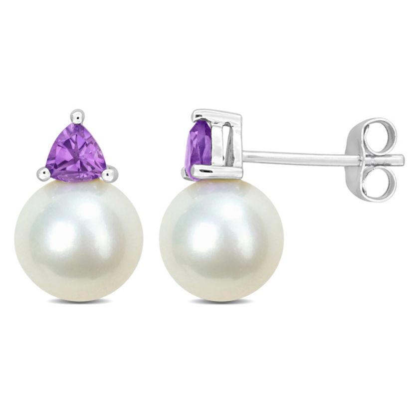 Freshwater Cultured Pearl and Amethyst Stud Earrings in 10K White Gold