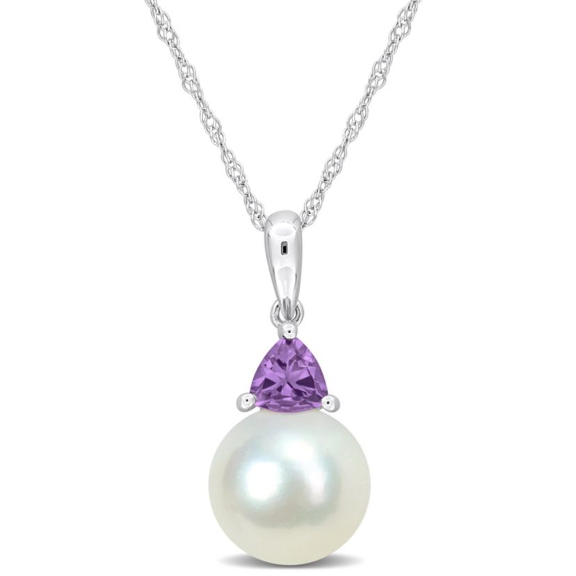Freshwater Cultured Pearl and Amethyst Pendant with Chain in 10K White Gold