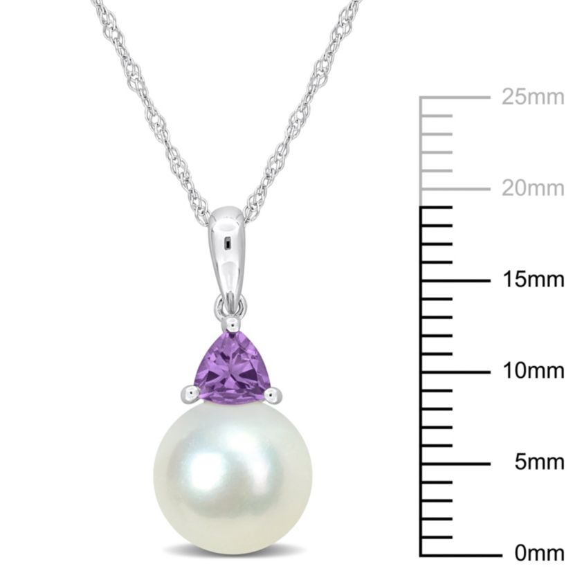 Freshwater Cultured Pearl and Amethyst Pendant with Chain in 10K White Gold