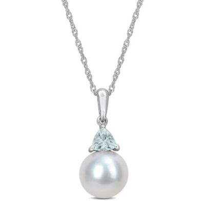 Belk & Co Freshwater Cultured Pearl and Aquamarine Pendant with Chain in 10K White Gold