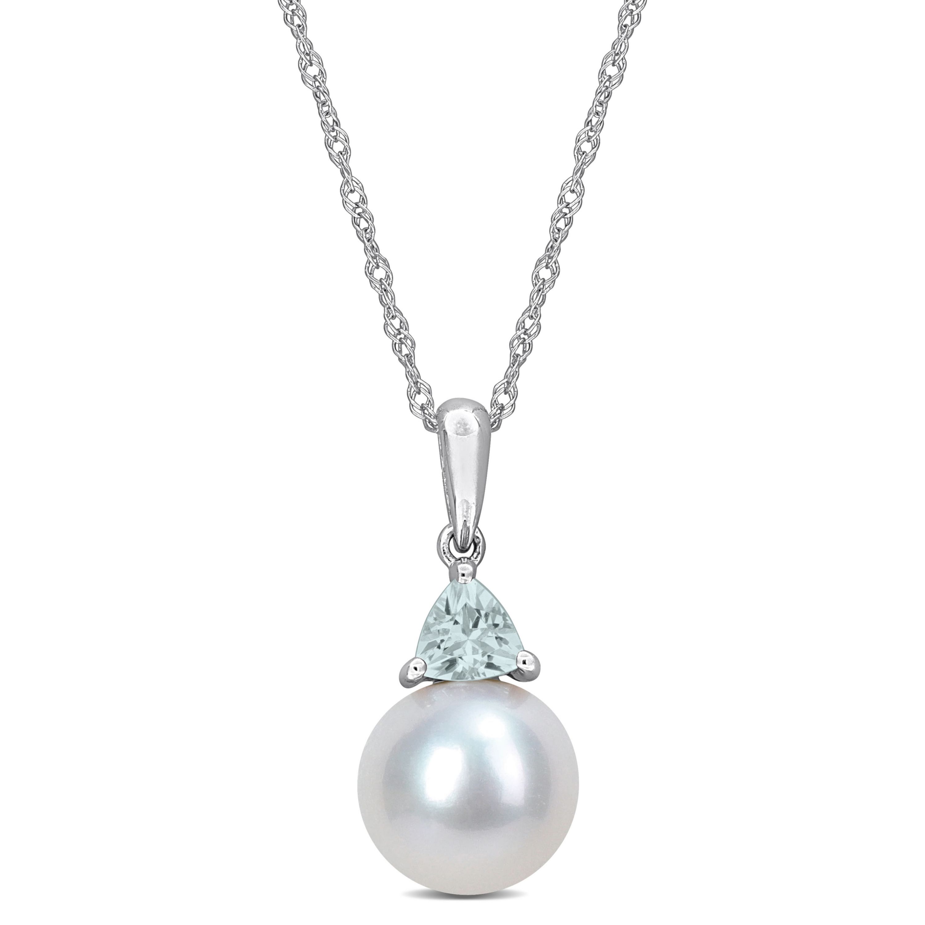 Freshwater Cultured Pearl and Aquamarine Pendant with Chain in 10K White Gold