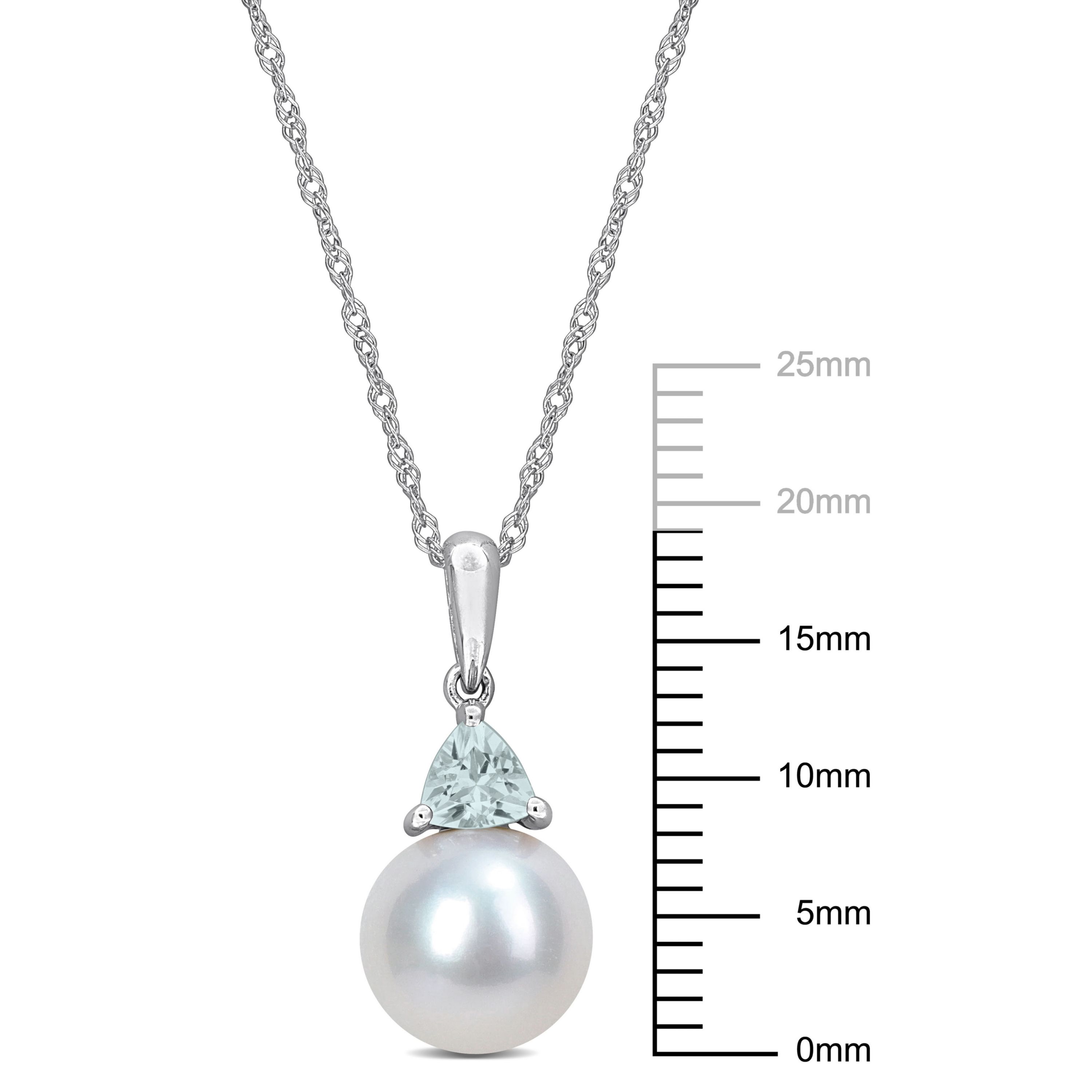 Freshwater Cultured Pearl and Aquamarine Pendant with Chain in 10K White Gold
