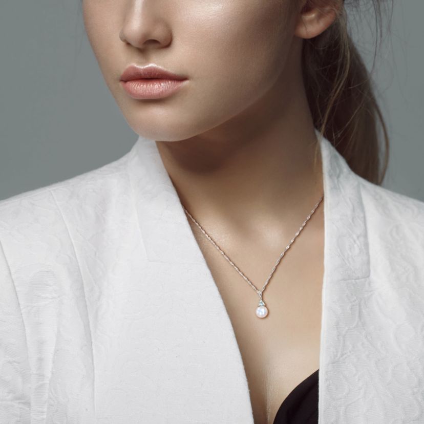 Freshwater Cultured Pearl and Aquamarine Pendant with Chain in 10K White Gold