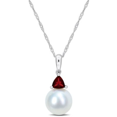Belk & Co Freshwater Cultured Pearl and Garnet Pendant with Chain in 10K White Gold