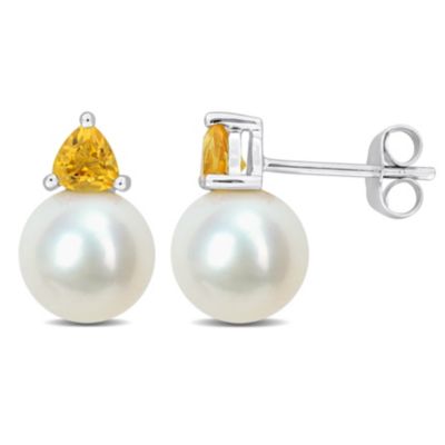 Belk & Co Freshwater Cultured Pearl and Citrine Stud Earrings in 10K White Gold