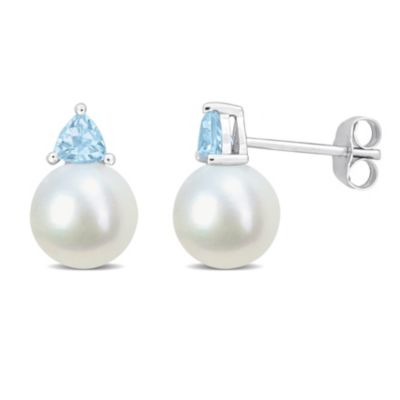 Belk & Co Freshwater Cultured Pearl and Sky Blue Topaz Stud Earrings in 10K White Gold