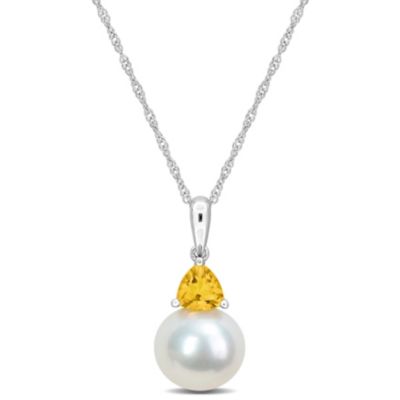 Belk & Co Freshwater Cultured Pearl and Citrine Pendant with Chain in 10K White Gold