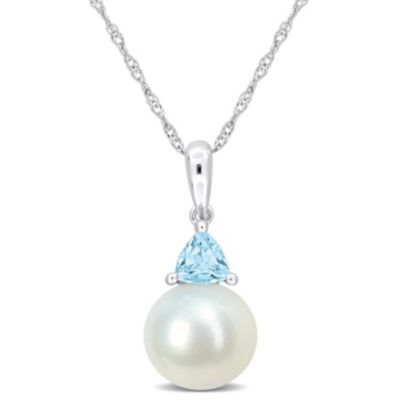 Belk & Co Freshwater Cultured Pearl and Sky Blue Topaz Pendant with Chain in 10K White Gold