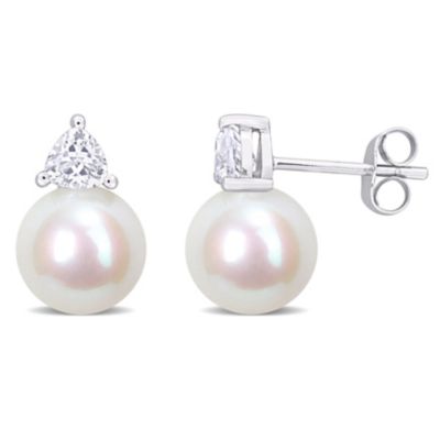 Belk & Co Lab Created Freshwater Cultured Pearl and White Sapphire Stud Earrings in 10K White Gold