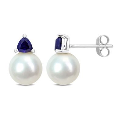Belk & Co Lab Created Freshwater Cultured Pearl and Blue Sapphire Stud Earrings in 10K White Gold