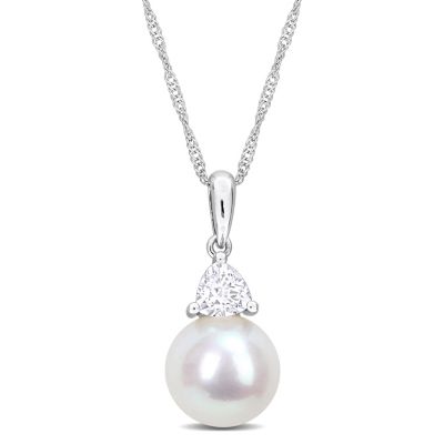 Belk & Co Lab Created Freshwater Cultured Pearl and White Sapphire Pendant with Chain in 10K White Gold