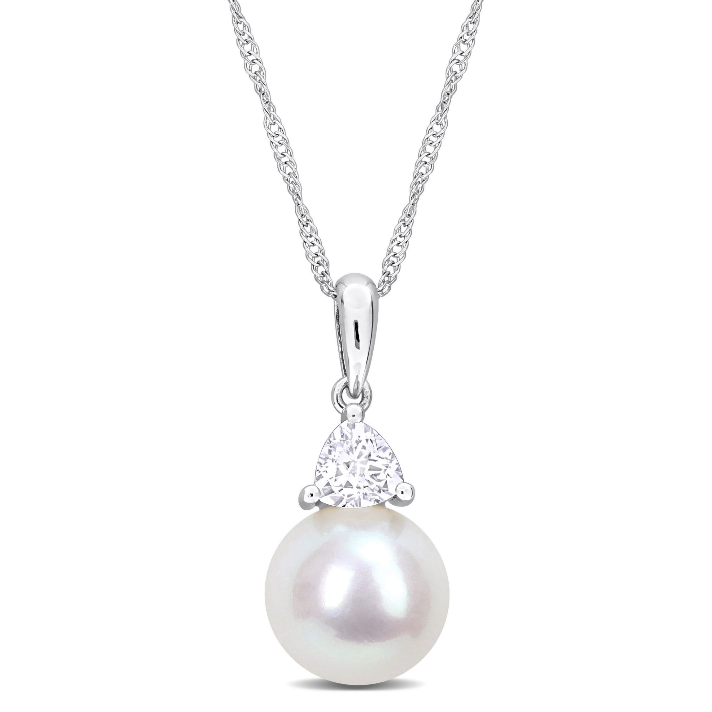 Lab Created Freshwater Cultured Pearl and Created White Sapphire Pendant with Chain in 10K White Gold