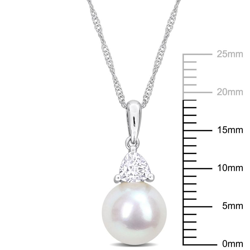 Lab Created Freshwater Cultured Pearl and Created White Sapphire Pendant with Chain in 10K White Gold