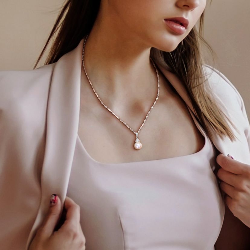 Lab Created Freshwater Cultured Pearl and Created White Sapphire Pendant with Chain in 10K White Gold
