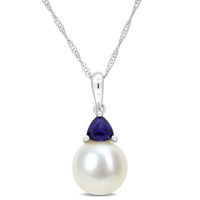 Belk & Co Lab Created Freshwater Cultured Pearl and Blue Sapphire Pendant with Chain in 10K White Gold