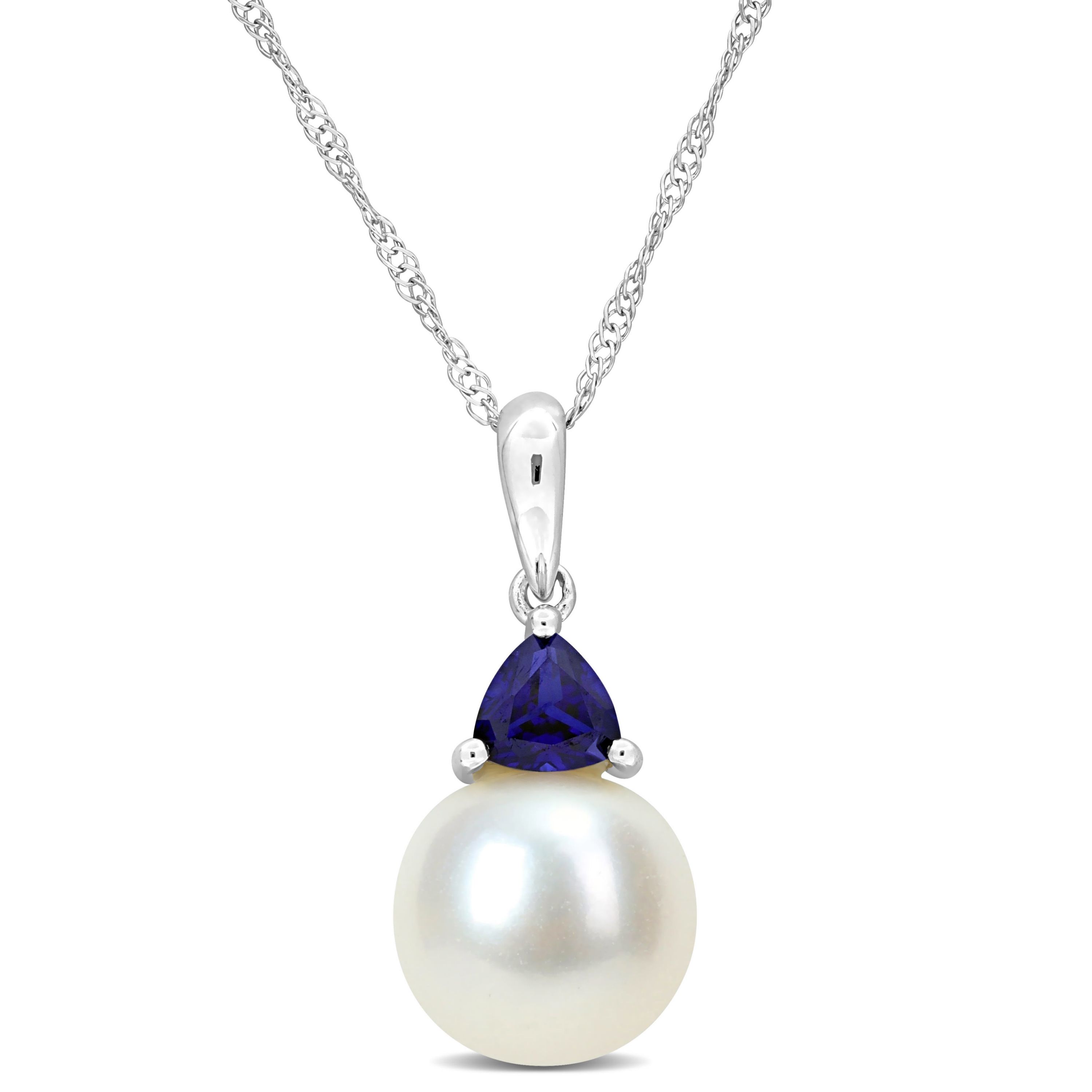 Freshwater Cultured Pearl and Created Blue Sapphire Pendant with Chain in 10K White Gold