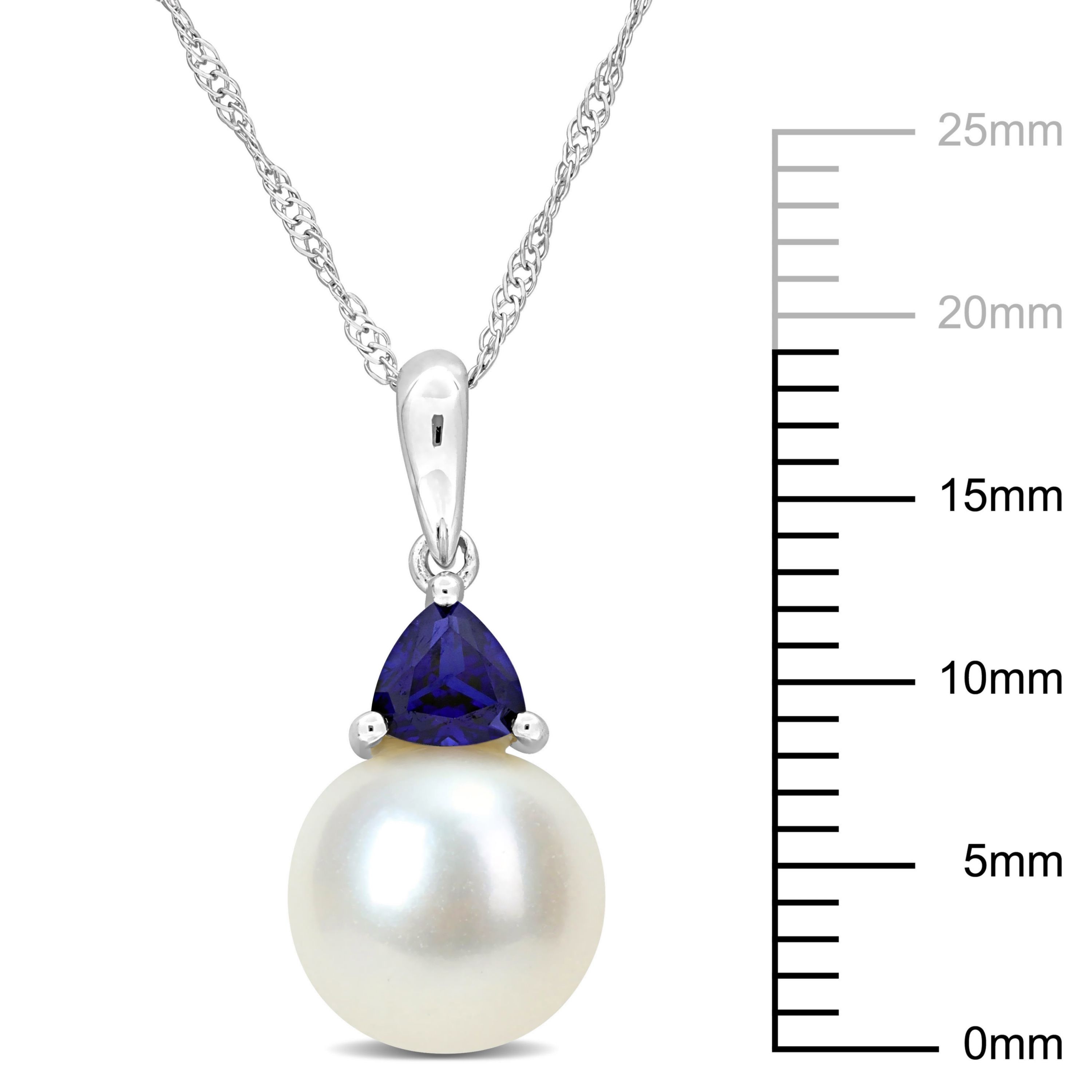 Freshwater Cultured Pearl and Created Blue Sapphire Pendant with Chain in 10K White Gold