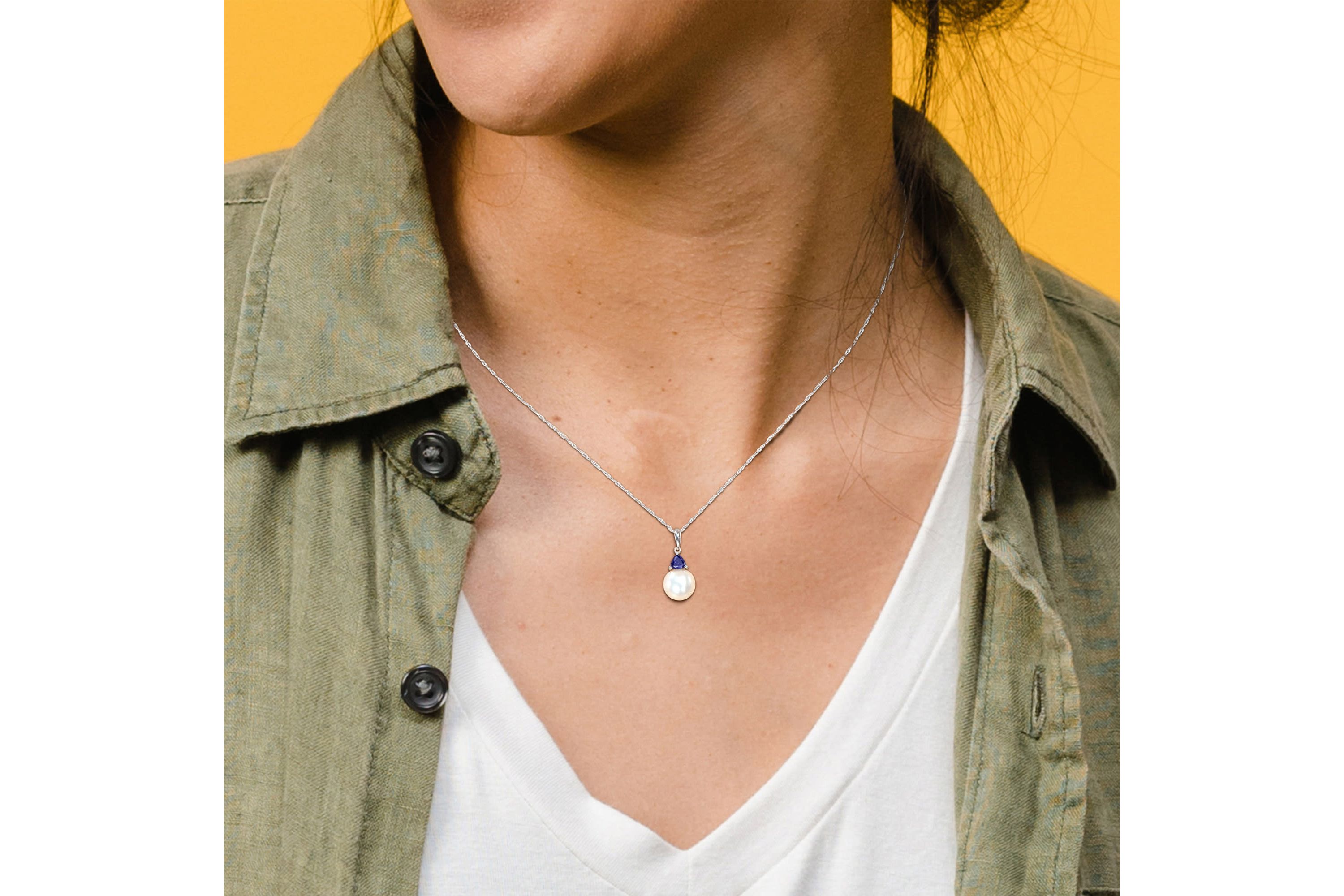 Freshwater Cultured Pearl and Created Blue Sapphire Pendant with Chain in 10K White Gold