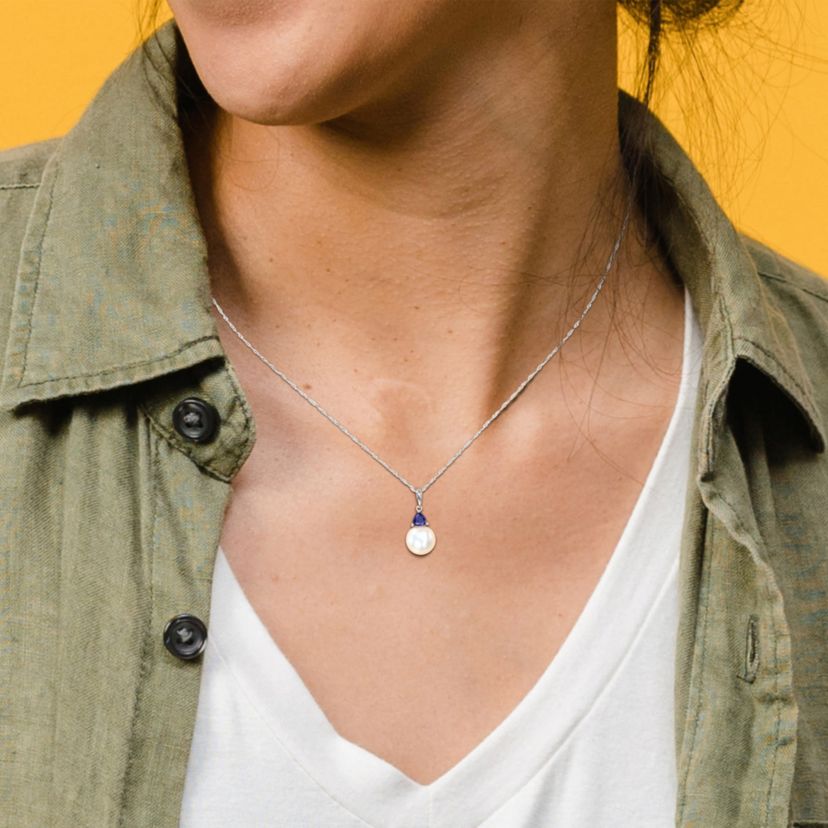 Freshwater Cultured Pearl and Created Blue Sapphire Pendant with Chain in 10K White Gold