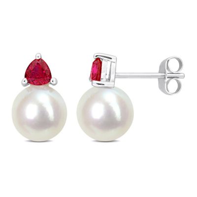 Belk & Co Lab Created Freshwater Cultured Pearl and Ruby Stud Earrings in 10K White Gold