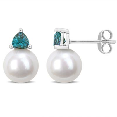 Belk & Co Lab Created Freshwater Cultured Pearl and Alexandrite Stud Earrings in 10K White Gold