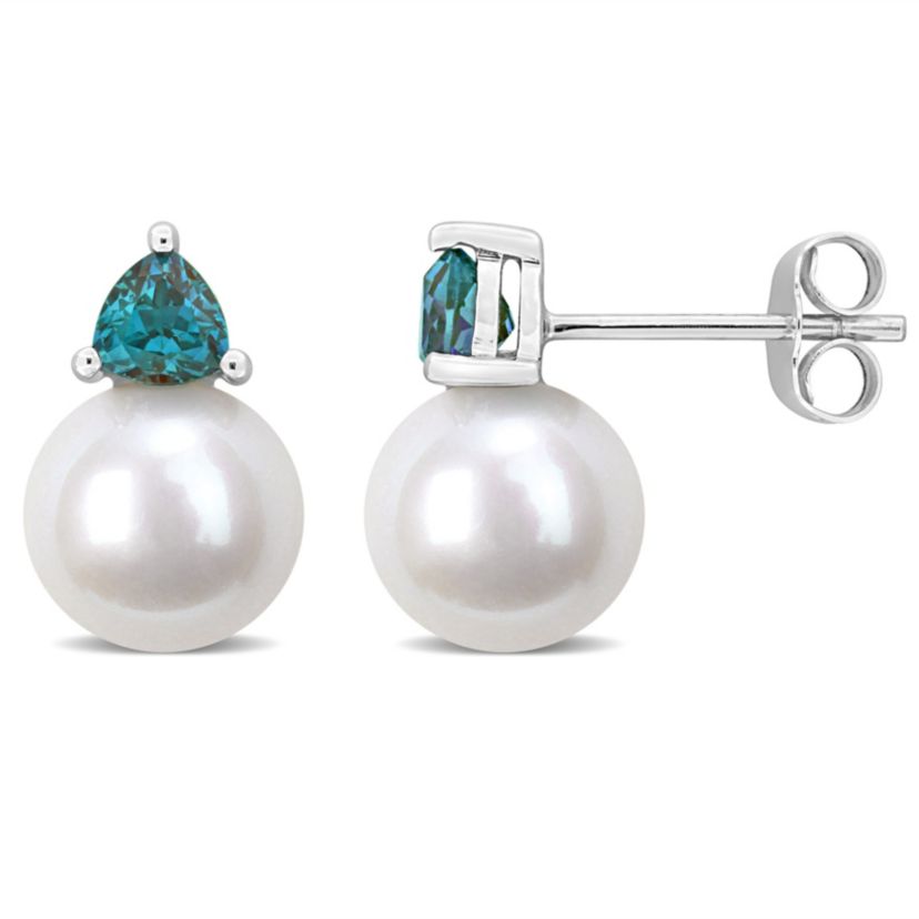 Lab Created Freshwater Cultured Pearl and Created Alexandrite Stud Earrings in 10K White Gold
