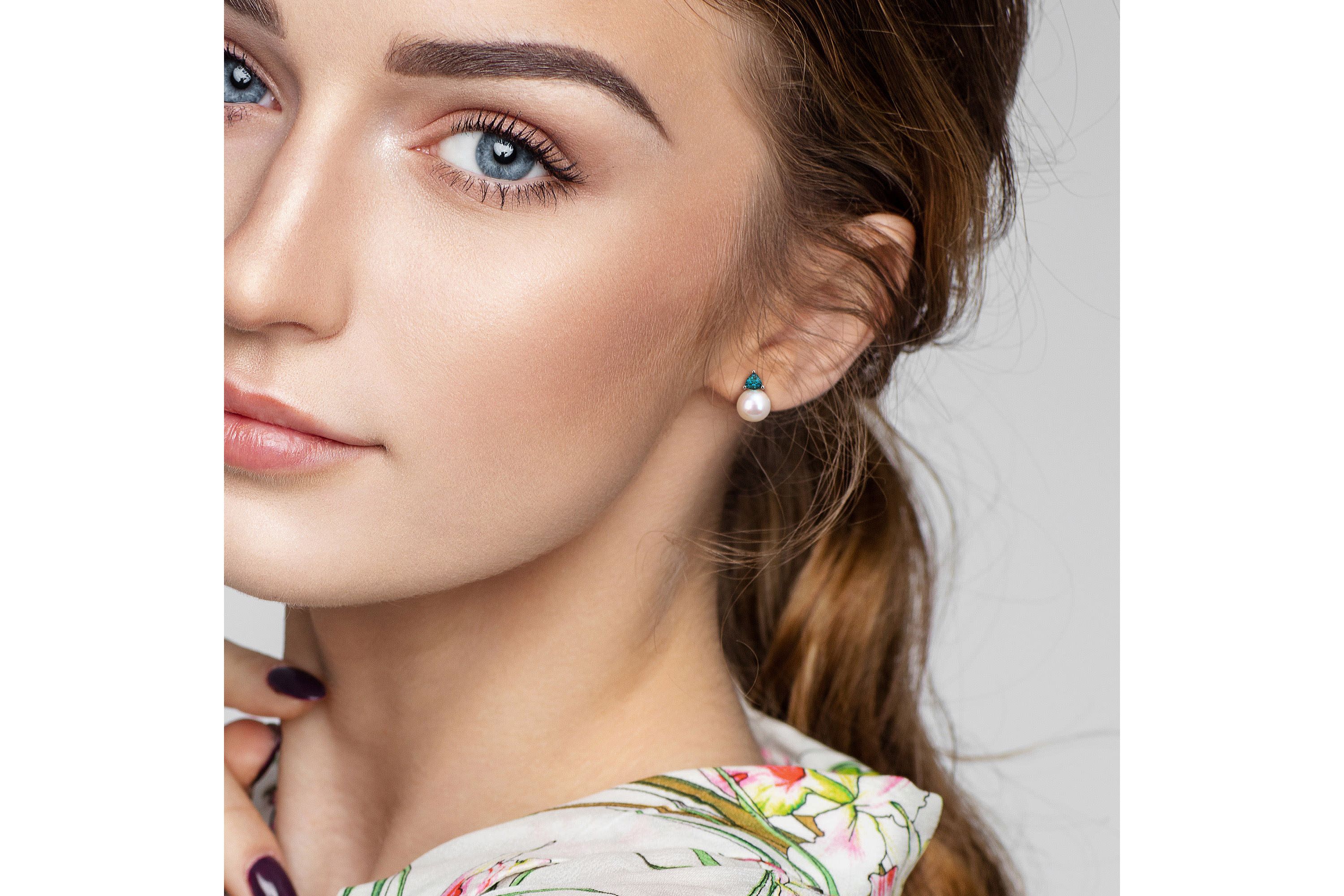 Lab Created Freshwater Cultured Pearl and Created Alexandrite Stud Earrings in 10K White Gold