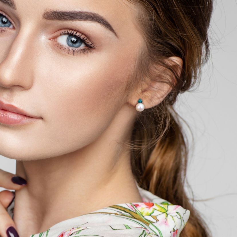 Lab Created Freshwater Cultured Pearl and Created Alexandrite Stud Earrings in 10K White Gold